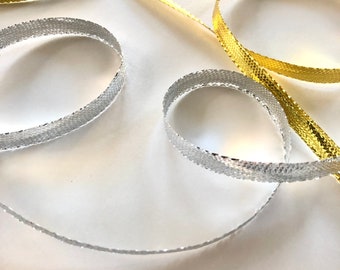 Gold or Silver Ribbon Trim, 5/16 Inch Wide By the Yard, Knit Metallic, for Holiday Wedding Shower Gift Wrap, Party Favors, Sewing, Hair Bows