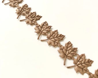 Brown Maple Leaf Ribbon, by the Yard, Cutout Satin Fall Autumn Trim for Holiday Crafts, Card Making, Scrapbooking, 1/2”