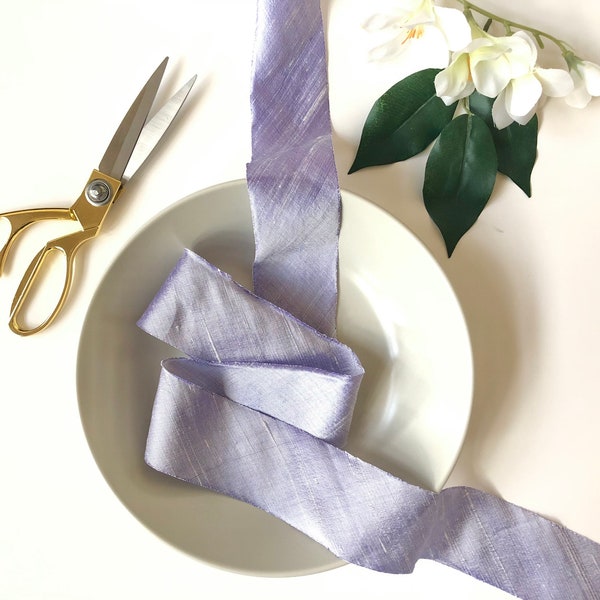 Lavender Purple Silk Ribbon, 2 Inch Wide, by the Yard, Raw Frayed Edge and Textured, for Wedding Bouquets, Decor, Gift Wrap, Shower, 2”