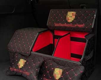 Organizador de maletero y almohada cervical personalizados de cuero ecológico.