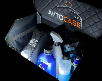 Organizador de maletero de coche de cuero ecológico con luz LED, personalizable