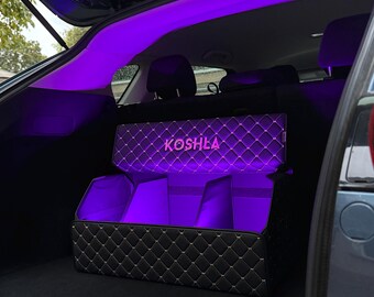 Organizador de maletero de coche de cuero ecológico con LED, caja de almacenamiento de viaje personalizada, regalo de San Valentín para tu esposo.