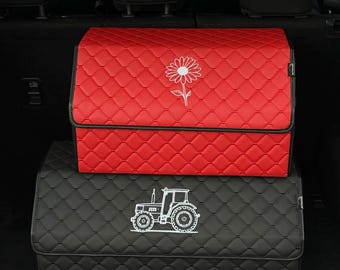 Organizador de maletero de coche de cuero ecológico, bordado personalizado, caja de almacenamiento de viaje