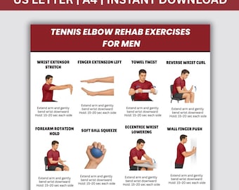 Esercizi di riabilitazione per epicondilite (gomito del tennista) per uomini, routine per alleviare la tensione dei tendini dell'avambraccio, PDF su riabilitazione e mobilità del gomito, download digitale, PDF di fisioterapia