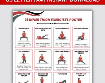 Poster per l'allenamento dell'interno coscia, tabella di esercizi per la forza delle gambe, grafica per l'allenamento a casa, esercizi per cosce sane e snelle, download digitale, stampa su tela