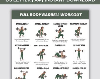 Allenamento completo con bilanciere per donne, esercizi per forza e muscoli, poster stampabile per la palestra di casa, allenamento per la parte superiore del corpo stampabile, allenamento per le braccia