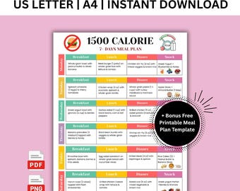 Plan de comidas de 1500 calorías, Preparación de comidas bajas en calorías de 7 días, Plan de comidas bajas en calorías de 7 días, Lista de la compra en PDF, Póster imprimible para el control de porciones