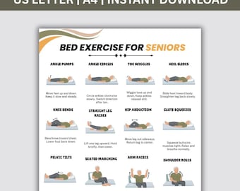 Bedoefeningen voor senioren, afdrukbare low-impact oefeningsroutinekaart voor oudere volwassenen, pdf met zachte bedtraining voor senioren, direct downloaden