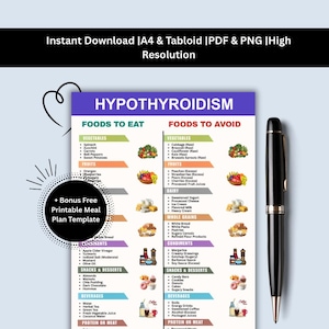 May include: A printable guide for hypothyroidism, listing foods to eat and avoid. The chart includes vegetables, fruits, dairy, whole grains, condiments, snacks, desserts, beverages, and protein. A black pen is on the right.