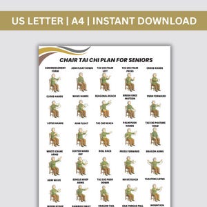 Pode incluir: Uma ficha de instruções digital intitulada CHAIR TAI CHI PLAN FOR SENIORS, apresentando uma grade de ilustrações que mostram uma pessoa de camisa verde e calças castanhas realizando vários movimentos sentados, com etiquetas para cada exercício.