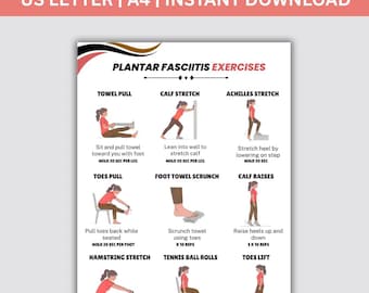 Ejercicios para la fascitis plantar / Rutina imprimible de estiramientos de pie y talón / Alivio del dolor de la fascitis plantar / Entrenamiento de movilidad / PDF imprimible