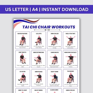 May include: A printable Tai Chi chair workouts guide. The guide features illustrated exercises, including seated posture, leg lifts, arm circles, heel & toe taps, side twists, knee extensions, hand waves, marching in place, leg kicks, arm pushes, body turns, and toe raises.
