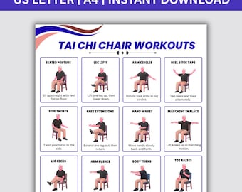 Afdrukbaar tai chi-stoelworkouts, pdf-trainingsplan, digitale download, tai chi-oefenschema, tai chi-stoelyoga-oefenschema pdf