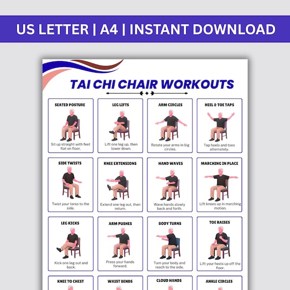 Tai Chi Chair Workouts Printable, Workout Plan PDF, Digital Download, Tai Chi Exercise Chart, Tai Chi Chair Yoga Exercise Chart PDF