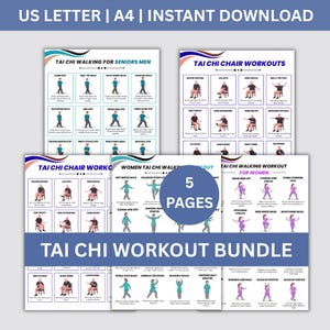 May include: A bundle of five pages of Tai Chi workout guides. The guides include instructions for seniors, chair workouts, and walking workouts for women. The text includes "Tai Chi Workout Bundle" and "Instant Download".