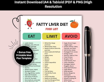 Afdrukbare lijst met leververvetting, pdf met levervriendelijke maaltijdplanning, vetarm, kruidenierswinkel met suiker voor NAFLD en NASH, gezond leverdieet downloaden