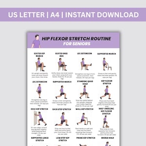 Peut inclure: Guide imprimable violet et blanc intitulé "HIP FLEXOR STRETCH ROUTINE FOR SENIORS". Il illustre des étirements comme Seated Hip March, Leg Extension et Supported Lunge Stretch, avec des instructions textuelles.
