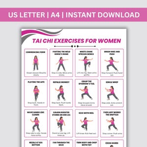 Può includere: Un poster stampabile con esercizi di Tai Chi per donne. Il poster include illustrazioni di varie pose di Tai Chi con testo descrittivo. La parte superiore del poster riporta la scritta "US LETTER | A4 | INSTANT DOWNLOAD".