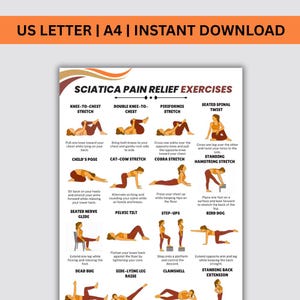Könnte beinhalten: Ein druckbares Poster mit Übungen zur Linderung von Ischiasschmerzen. Das Poster enthält Illustrationen und Anweisungen für verschiedene Dehnübungen, wie Knie-zu-Brust, Kobra-Dehnung und Beckenkippung. Der Text "SCIATICA PAIN RELIEF EXERCISES" steht oben.