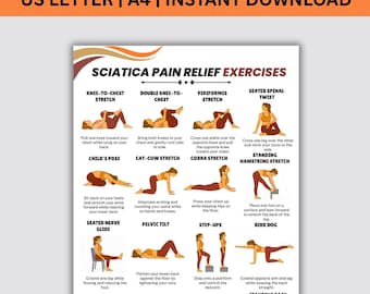 Sciatica Pain Relief Exercises Poster, Routine Lower Back & Sciatic Nerve Stretch, Fitness Planner, Printable Low Impact Workout Print PDF