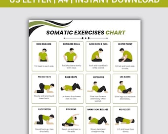 Grafiek lichamelijke oefeningen, poster lichamelijke oefeningen, pdf somatische training, kaarten lichamelijke oefeningen, afdrukbare oefeningentabellen, digitale print