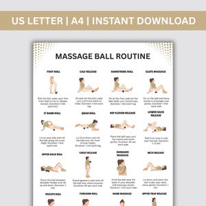 May include: A digital instructional chart titled MASSAGE BALL ROUTINE featuring twelve illustrated exercises with text descriptions for foot, calf, hamstring, glute, IT band, quad, hip flexor, lower back, upper back, chest, shoulder, and neck massage techniques.