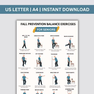 May include: A digital poster titled FALL PREVENTION BALANCE EXERCISES FOR SENIORS. It features twelve illustrated figures in blue shirts and black trousers demonstrating movements like heel-to-toe walks, leg raises, and chair squats with text instructions.