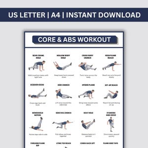 Puede incluir: Una guía de ejercicios imprimible para ejercicios de core y abdominales. La guía incluye ilustraciones e instrucciones para varios ejercicios como la postura de arrastre de oso, la postura de cuerpo hueco, el crunch cruzado y el alcance de plancha alta. El texto en la parte superior dice "CORE & ABS WORKOUT".