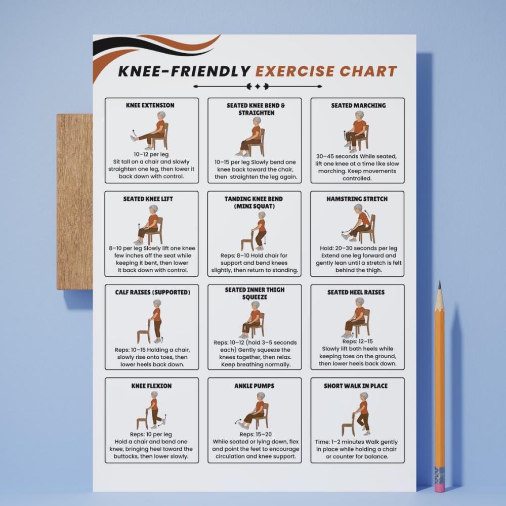Knee Exercises for Seniors Printable, Knee Friendly Chair Exercises ...