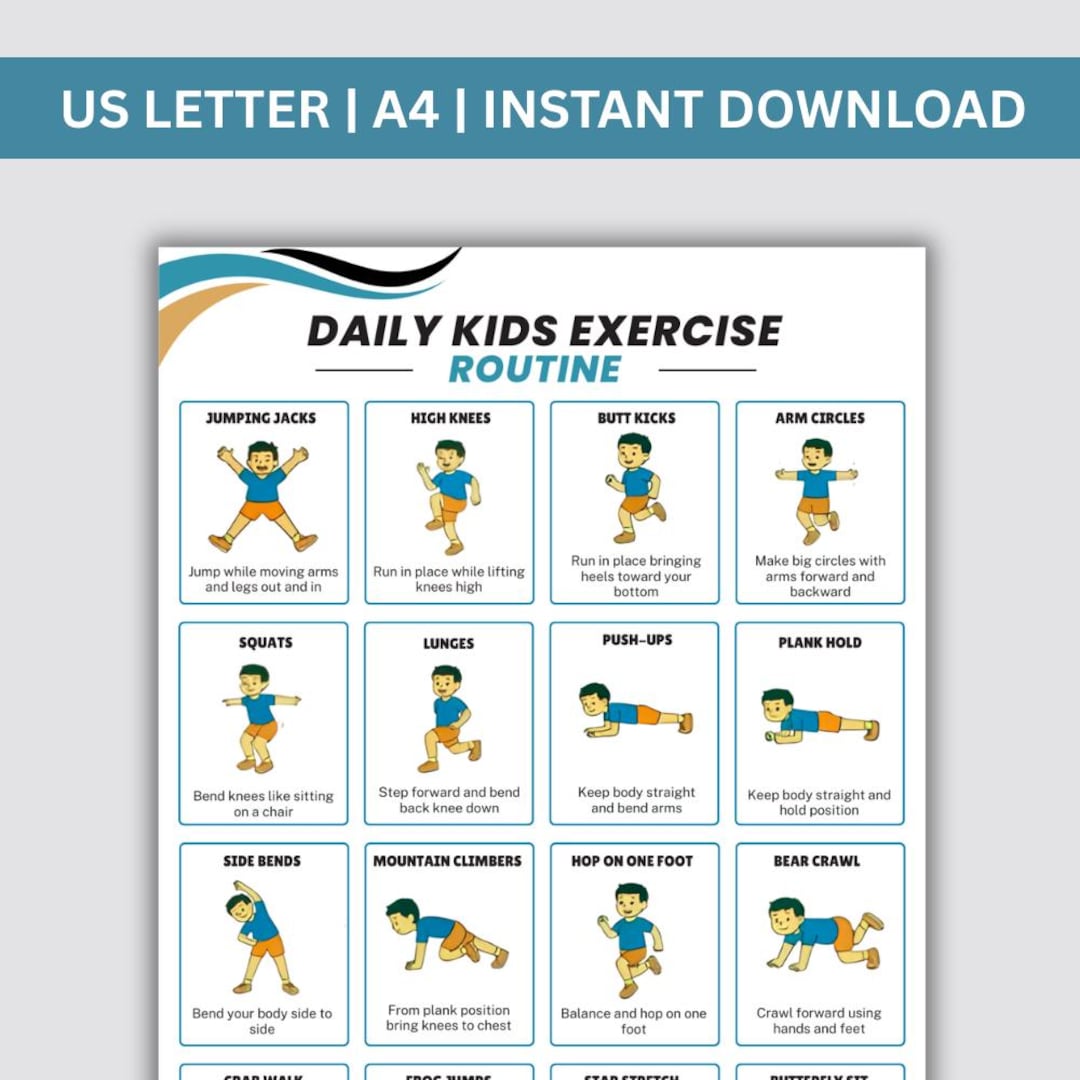 Kids Exercise Chart Printable – 16 Daily Workout Moves Poster, Kids ...