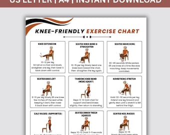 Afdrukbaar knieoefeningen voor senioren, knievriendelijke stoeloefeningen, zachte kniekracht en mobiliteit, poster fitness senioren, pdf-download