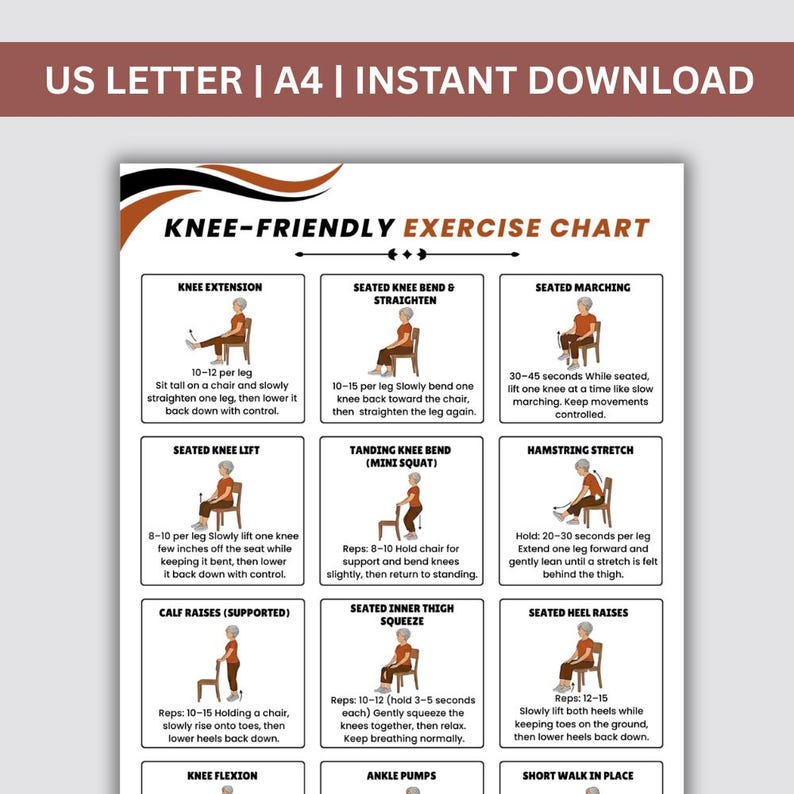 Knee Exercises for Seniors Printable, Knee Friendly Chair Exercises ...