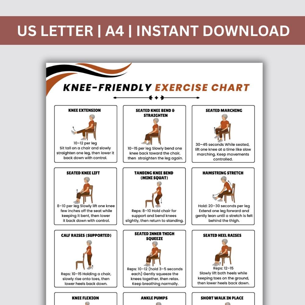 Knee Exercises for Seniors Printable, Knee Friendly Chair Exercises ...