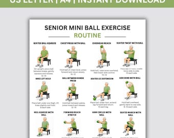 Mini Pilates con palla per uomini senior (PDF stampabile), allenamento da seduti con palla, 16 mini palle da seduti, tabella di esercizi per tutto il corpo, routine a basso impatto.