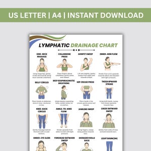 Puede incluir: Un gráfico de drenaje linfático imprimible con ilustraciones e instrucciones para diversas técnicas de masaje. El gráfico incluye diagramas para el masaje lateral del cuello, el barrido de la axila y el trazo ascendente del muslo, entre otros. El texto "US LETTER | A4 | INSTANT DOWNLOAD" está en la parte superior.