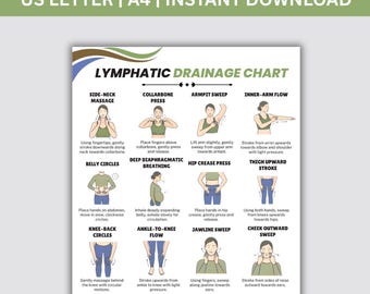 Tabla de drenaje linfático, automasaje linfático y desintoxicación, planificador de ejercicios en PDF, póster en PDF de ejercicios de circulación suave, descarga digital.