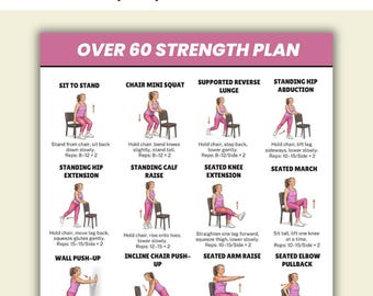 Programma di allenamento per over 60 in formato PDF stampabile / Esercizi di forza per anziani: guida all'allenamento per un invecchiamento sano / Poster digitale per fitness da seduti e a casa