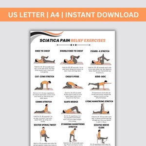 Op de afbeelding: Een afdrukbare poster met oefeningen voor pijnverlichting bij ischias, zoals knie naar borst en kindhouding. De tekst "US LETTER | A4 | INSTANT DOWNLOAD" staat bovenaan. Metrische maten.