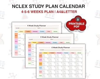 Calendario de estudio para el examen NCLEX (horarios de 4, 5 y 6 semanas) / Guía de estudio para el NCLEX / Horario de estudio para el NCLEX / PDF imprimible / Plantilla de Canva de descarga instantánea