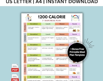 1200 Calorie Meal Plan, 7 Day Low Calorie Recipes, Low Calorie Meal Plan, Daily Low Calorie Meal Plan, Printable Weekly Meal Prep PDF