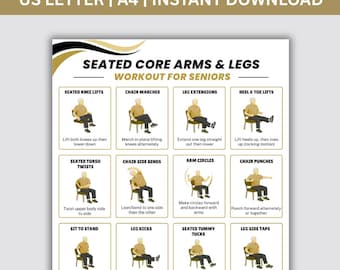 Poster stoeloefeningen voor senioren | Zittend core-workout armen en benen | Afdrukbare fitness voor ouderen met lage impact | Gentle Chair-routine, pdf