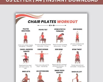 Stoelpilatestraining voor vrouwen Afdrukbaar schema, thuisroutine, beginnersvriendelijke fitness, zittende pilatesoefeningen, fitnessplanner (pdf)
