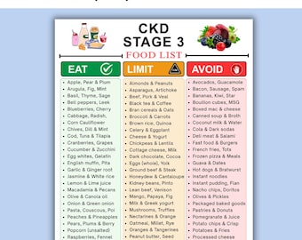 CKD Stage 3 Food List Printable, Stage 3 Kidney Disease Food List, CKD Diet Eat Limit Avoid Chart, Kidney Safe Foods, Chronic Illness PDF