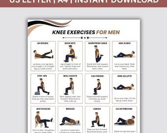 Grafiek knieoefeningen, afdrukbare oefengrafiek, trainingsroutines senioren, pdf-trainingsplan thuis, poster knievriendelijke oefeningen, pdf-download