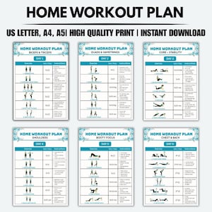 May include: A set of six printable home workout plans. Each plan focuses on a different muscle group, including biceps, triceps, quads, hamstrings, core, shoulders, booty, chest, and back. The plans include exercises, sets, reps, and instructions. The text "HOME WORKOUT PLAN" is at the top.