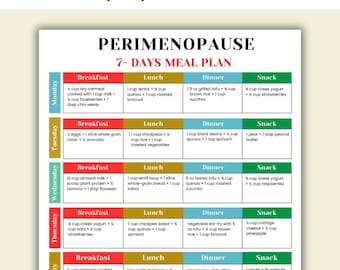 Piano alimentare per la perimenopausa stampabile / Piano alimentare di 7 giorni per la perimenopausa in PDF / Dieta settimanale per la transizione ormonale / Guida alimentare adatta alla perimenopausa