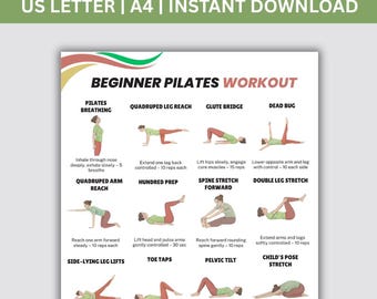 Rutina de Pilates para principiantes para mujeres (tabla imprimible), ejercicios para el core de todo el cuerpo, rutina de ejercicios en casa sin equipo, planificador de fitness, PDF