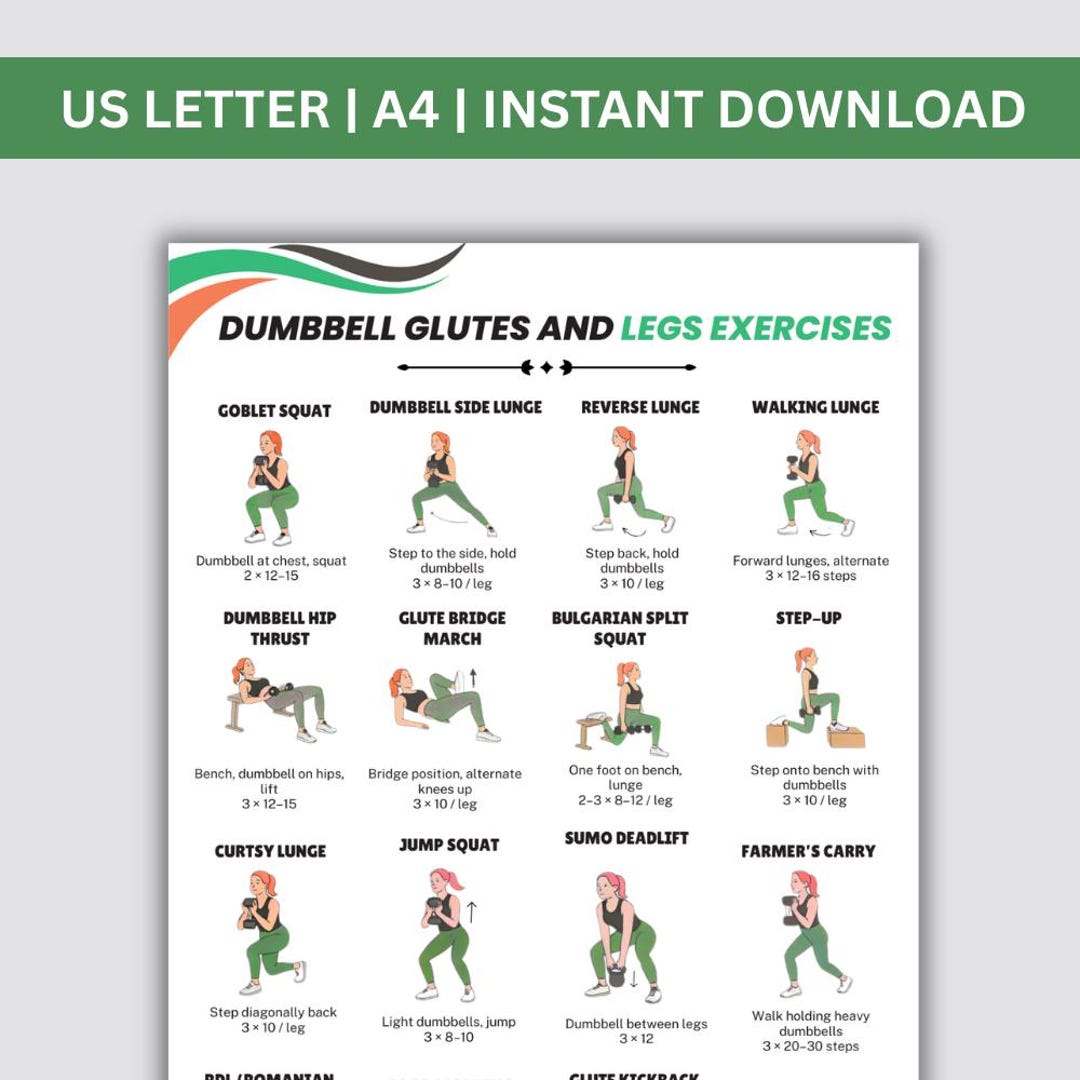Dumbbell Glutes and Legs Exercises Printable | Lower Body Workout Chart ...