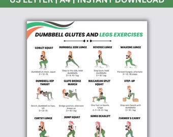 Ejercicios con mancuernas para glúteos y piernas (imprimible) / Tabla de ejercicios para la parte inferior del cuerpo / Póster de entrenamiento de fuerza en casa / Rutina de fitness en PDF (impresión digital)