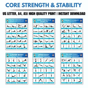 May include: A set of six exercise posters with illustrations of various workout routines. The posters are labeled with titles such as "Core Strength & Stability" and "Lower Body." The text "US Letter, A4, A51 High Quality Print | Instant Download" is at the top.